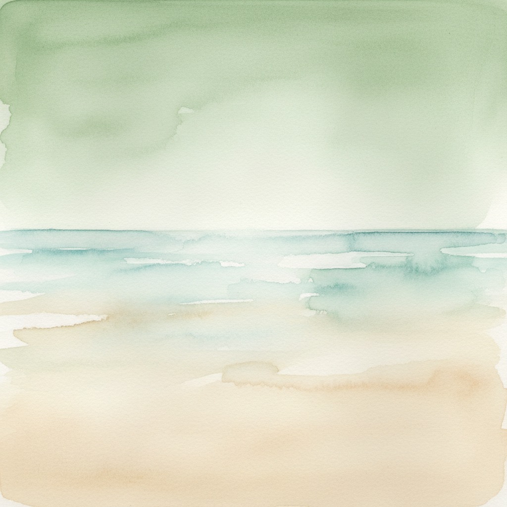 A minimalist watercolor painting depicts a serene coastal landscape with a pale green sky, a light blue sea, and a sandy beige foreground.